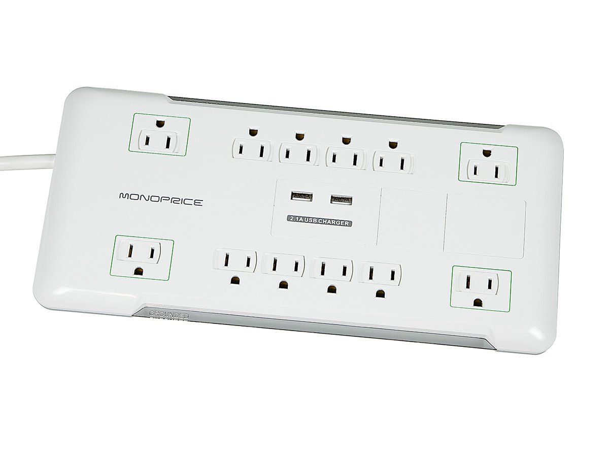 Monoprice 12 Outlet Surge Protector Power Strip with 2 Built in 2.1A USB Charger Ports - White - 6ft Cord | UL Rated, 4,230 Joules with Grounded and Protected Light Indicator