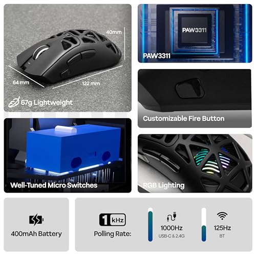 MechLands AULA SC620 Gaming Mouse, 2.4G/USB-C/BT Wireless Mouse with 400mAh Battery, Adjustable 12,000 DPI & 1000 Polling Rate, PAW3311 Sensor, RGB Lighting, Programmable Buttons, for Win/Mac (Black)