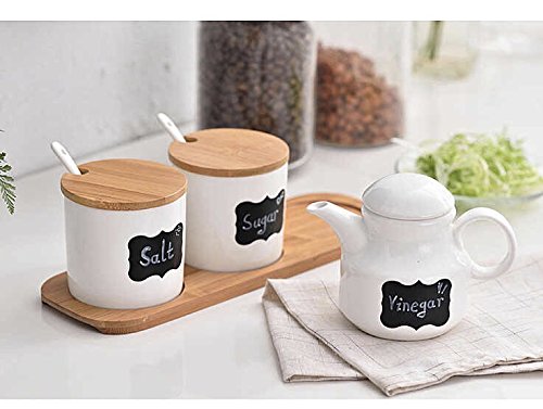 Ceramic Food Storage Condiment Server Pots with Bamboo Lid &Base- Modern Design Porcelain Jar- Perfect Canister for Sugar Bowl Serving Tea, Coffee, Spice, Salt,10.2 OZ (300 ML), Sugar Oil