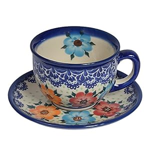 Traditional Polish Pottery, Handcrafted Ceramic Teacup and Saucer 210ml, Boleslawiec Style Pattern, F.101.BLUELACE