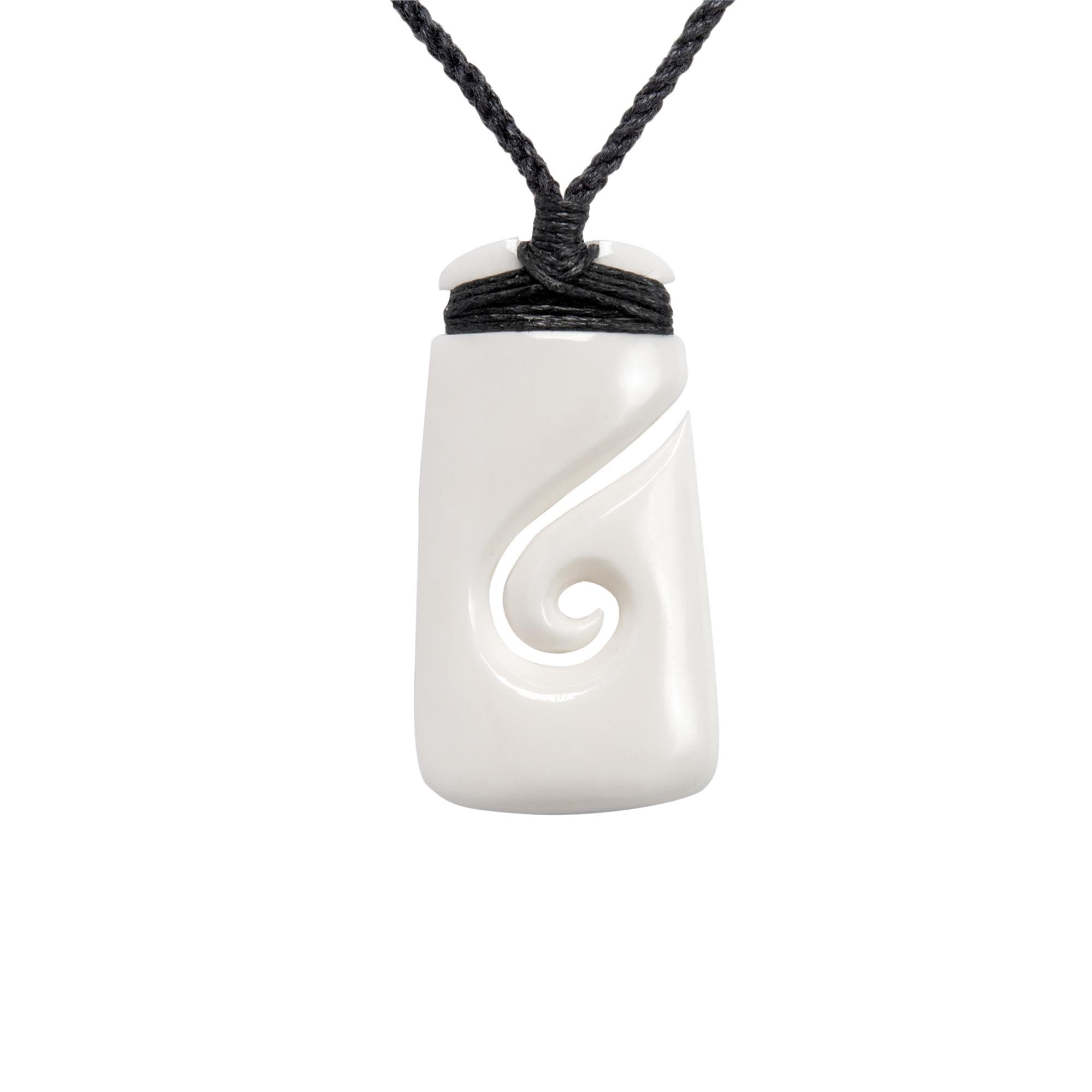 81stgeneration Hand-Carved Bone Rectangular HEI Matau Pendant - Maori-Style Toki with Koru Spiral Amulet - Men's Surfer Accessory - Handmade Tribal Fish-Hook Cord Necklace - Boho Jewellery for Women