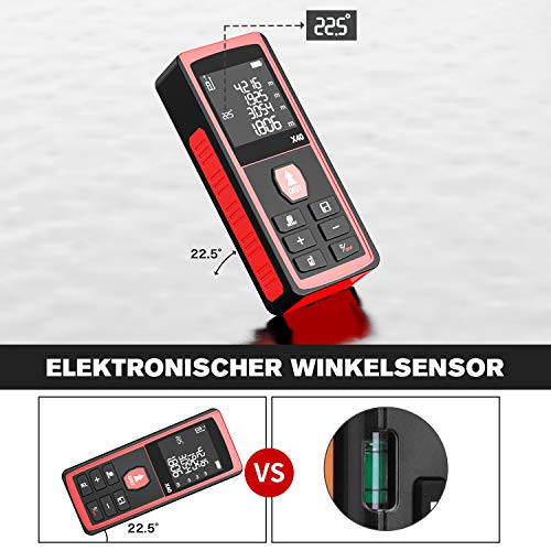 Laser Entfernungsmesser 60m mit Elektronischer Winkelsensor, LCD Hintergrundbeleuchtung, Pythagoras/Abstand/Fläche/Volumen Messungen(0,05~60m/±2mm, m/in/ft/ft+in, 99 Datenspeicherung)