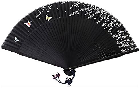 Korea Traditional Oriental White Butterflies Floral Black Silk Hand Folding Fan