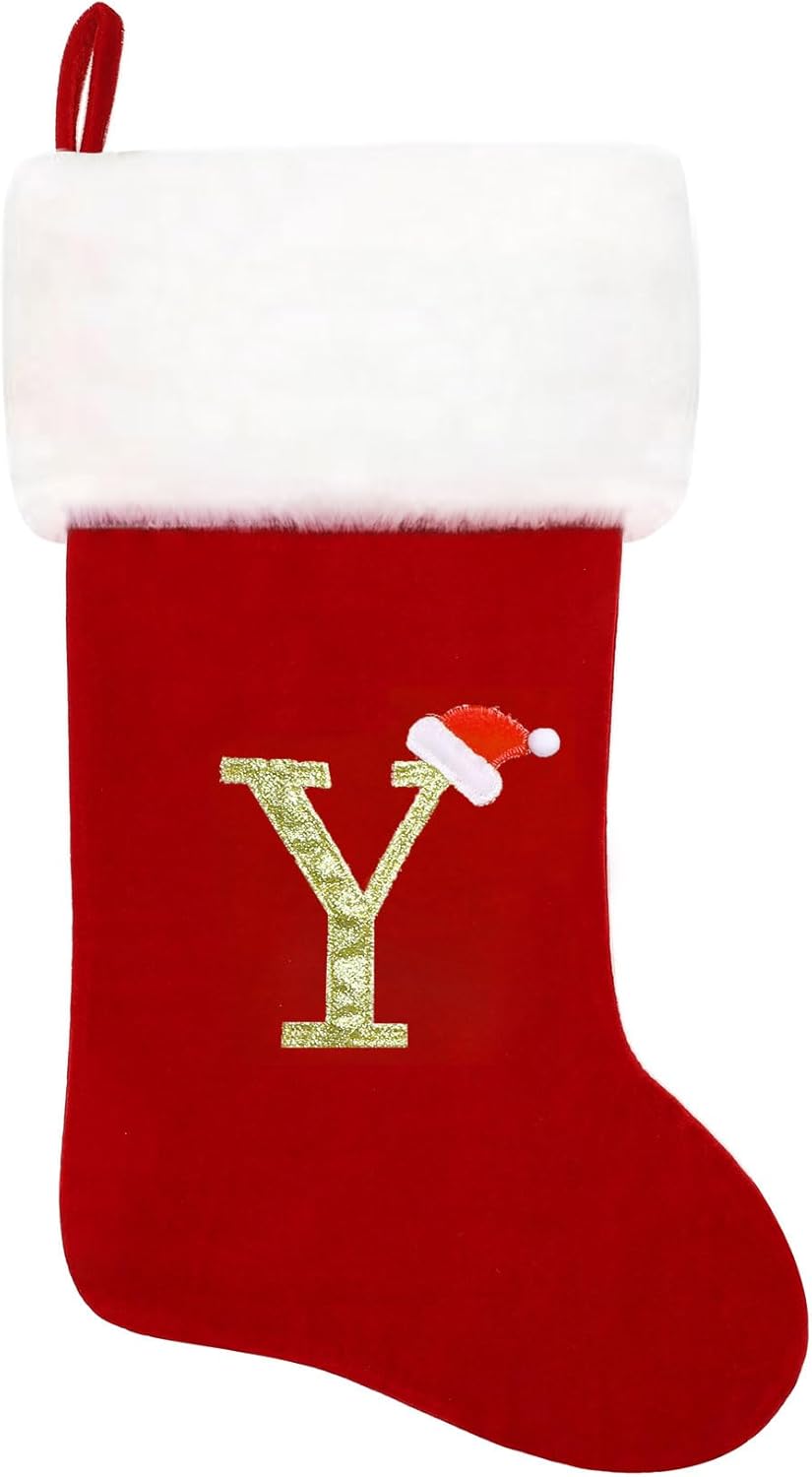Stockings & Holders - Eoocan 20 Inches Monogram Christmas Stockings Red Velvet with White Super Soft Plush Cuff Embroidered Xmas Stockings Classic Personalized Stocking Decorations for Family Holiday Season Decor(Letter Y)