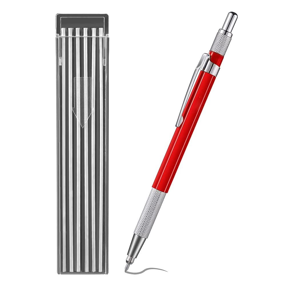 Fhjsyeirly Welders Pencil with 12PCS Refills, Metal Marker Mechanical Welding Pencil Pipefitters, Fabrication, Red