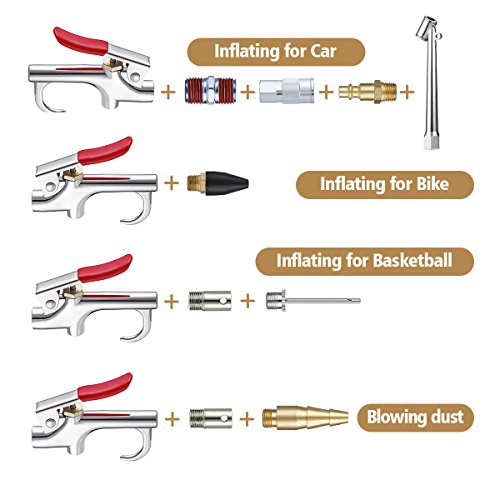 20Pcs Air Compressor Accessory Kit, Drillpro Pueumatic Air Fittings Tools, 1/4'' NPT Plugs, Blow Gun, Tire Pressure Pen with Inflatable Rod Kit for Blow Dust, Test Tire and Inflating for Car/Bike/Ball