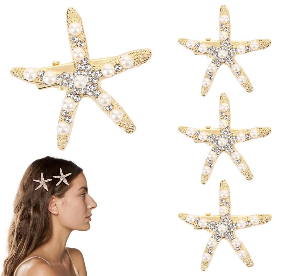 UngVeil 4 Pieces Pearl Starfish Rhinestones Hair Clips Starfish Hair Clips Starfish Pearl No Slip Hair Barrettes for Girl Woman Hair Accessories Bridal Hair Decoration (4-Pack)