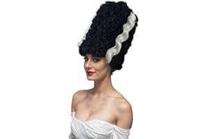 Luvfamday Long Black Curly Wig with White Streaks Goth Bride Wig Top Hat Two Tone Wig Halloween Cosplay Costume Wigs Women Men