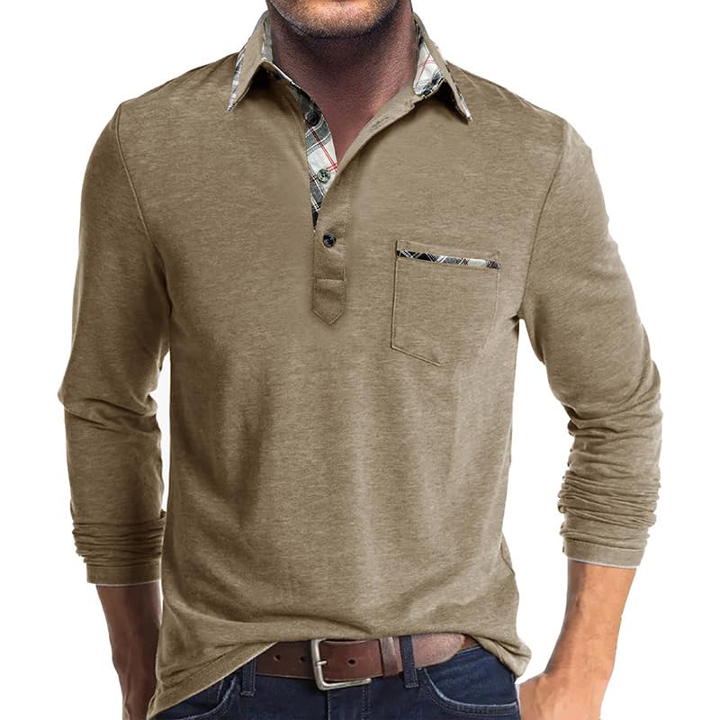 Photo 1 of (BAGGED) (USED/FAIR) Mens Casual Long Sleeve Polo Shirts Cotton Button Moisture Cotton Tees Stylish Tops Golf Shirts with Pocket Khaki
