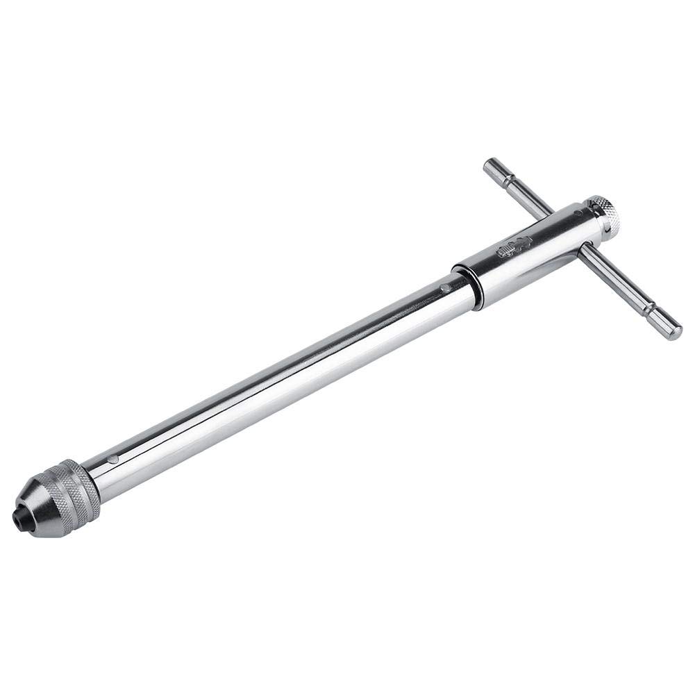 Taidda Tap Wrench, Handle Ratchet Tap Holder Wrench Household Alloy Steel Silver Adjustable T Type One-Hand T-Bar Handle Ratchet Tap Wrench for Tap Die Set (M5-M12 118x 110mm)
