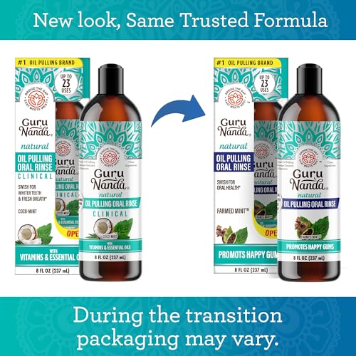 GuruNanda CocoMint Oil Pulling Mouthwash for Complete Oral Hygiene, 7 Essential Oils & Vitamins for Happy Teeth & Gums & Fresh Breath with Toothbrush & Tongue Scraper, Alcohol & Peroxide Free, 8 oz