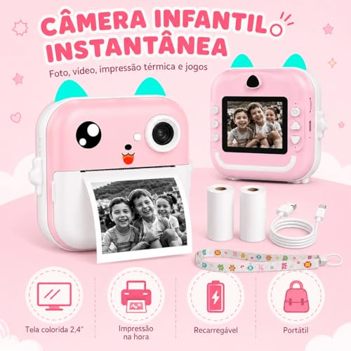 Câmera Infantil Digital Instantânea com Impressão Térmica (Rosa)