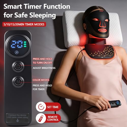 LED Face & Neck Mask, 7 Colours Red Light Therapy with Smart Timer - Firming, Face Care for All Skin Types, Black