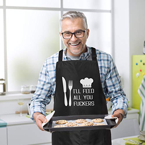Funny Cooking Black Apron for Men & Women with 2 Tool Pockets Adjustable Neck Strap Waterproof and Oil Proof Best for Kitchen Cooking, Grilling, Baking, Gardening (Black-one)