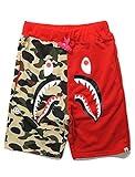 Shark Pattern Camouflage Stitching Shorts Men Drawstring Black Sports Shorts (Large, Red)