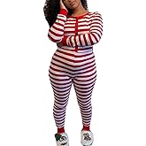 Aopwsrlyi Christmas Jumpsuit for Women One Piece Pajamas Long Sleeve Front Button Striped Jumpsuit Sexy Romper Sleepwear