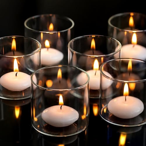 Romadedi Glass Tea Light Candle Holders : 24 Bulk Votive Tealight Holders for Tealights Floating Candles Clear Glass Jars for Table Decoration Wedding Birthday Party Home Living Room Decor, 5.7 X 5 Cm