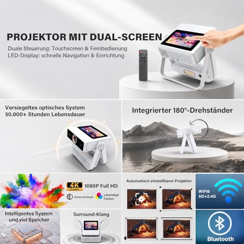Proyector Inteligente Compatible 4K, Videoproyector Full HD 1080P con Pantalla Táctil, Doble Pantalla, 1200 ANSI, Enfoque Automático, WiFi 6 Bluetooth, 1000+ Apps, para Cine en Casa Dormitorio Camping