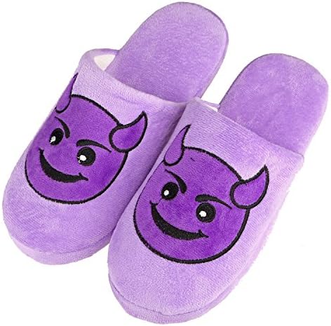 Unisex Warm Winter Slippers Emoji Cute Cartoon Soft Plush Fluffy Stuffed Indoor Household Home Bedroom Shoes Anti-slip Memory Foam Casual Slip-on Footwear (Label Size L = US9-US10, Purple Devil)