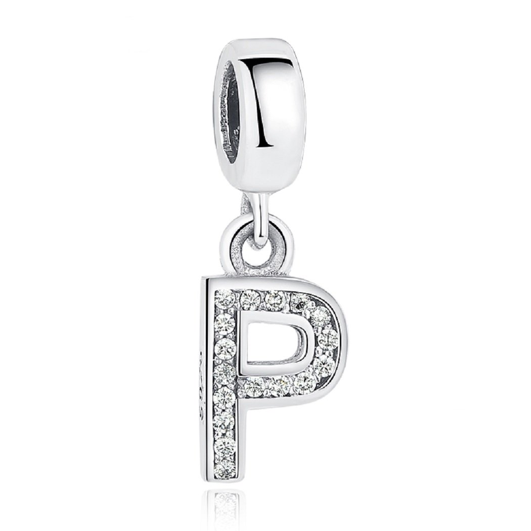 FeatherWish Sterling Silver 925 Letter A-Z Charms With Cubic Ziconia Compatible With Pandora Bracelet (Letter P)