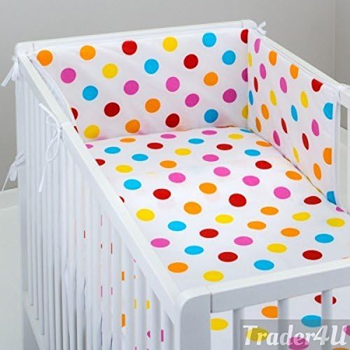 MillaLu 3 Pcs Baby Nursery Bedding Set fit to Cot 120x60cm or Cot Bed 140x70cm Padded Bumper (Fit to Cot Bed 140x70 cm, Colorful Dots on White)