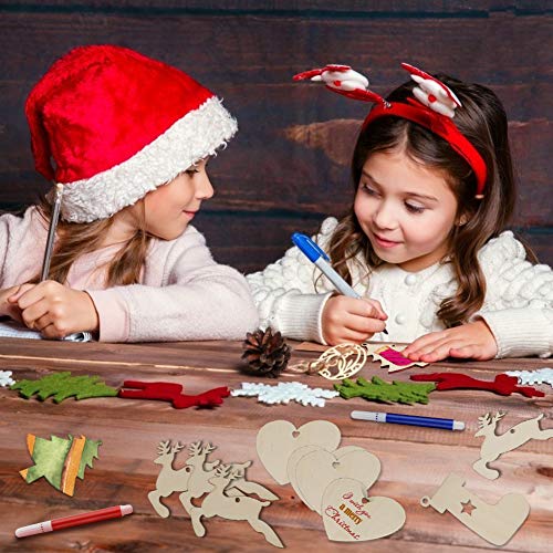 LovesTown 60 Pcs Unfinished Christmas Wooden Ornaments, Unpainted Christmas Ornaments 12 Styles Craft Wood Kit with 60 Pcs Colored Jingle Bells DIY Christmas Ornaments for Holiday Decoration