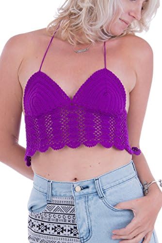 One Tribe Apparel Women's Handmade Womens Crochet Halter Top, Boho Summer Festival Crop Top in 7 Colors Purple Seashell Medium