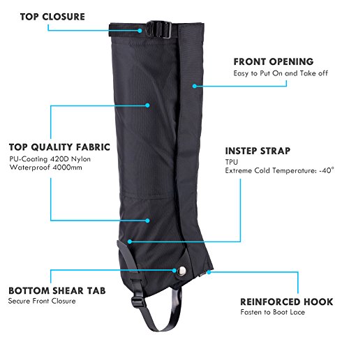 Qshare Leg Gaiters for Boots - Waterproof Hiking Climbing Hunting Snow High Leg Gaiters(Men and Women) (Black, Black-L) - Thumbnail 2
