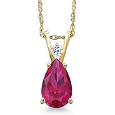 Gem Stone King 14K Yellow Gold Red Created Ruby and White Topaz Pendant Necklace for Women | 1.48 Cttw | Gemstone July Birthstone | Pear Shape 9X6MM | With 18 Inch Chain