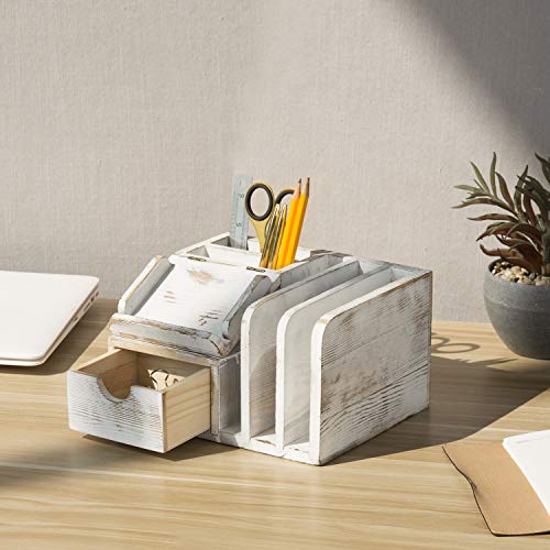 MyGift Whitewashed Wood Office Supplies and Pen Organizer for Desk with