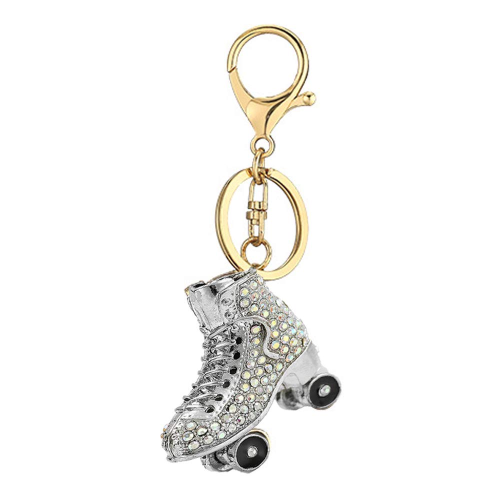 Skates Rhinestone Keychain,Shoe Gold Sparkling Charm Keychain Pendant (Silver)