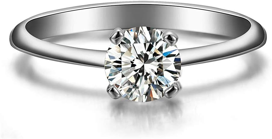 FANCIME 14k Solid White Gold 4 Prong Solitaire Brilliance Round Moissanite Simulated Diamond Engagement Wedding Ring Band For Women (1.0ct, D-E Color, VVS Clarity,) Size 5-9