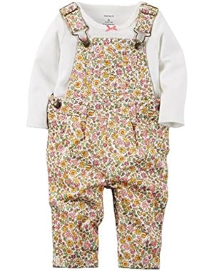 2-piece Cotton Bib Overall Set Floral; 3m; Pink