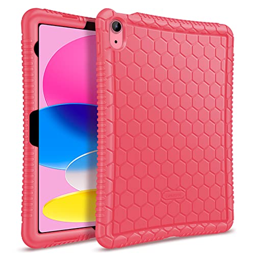 Fintie Silicone Case for iPad 10th Generation 10.9 Inch (2022 Model) - [Honey Comb Series] Light Weight Anti Slip Kids Friendly Shockproof Soft Protective Bumper Cover, Watermelon
