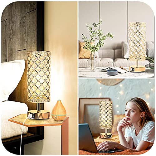 Set of 2 Touch Control Crystal Table Lamps with 2 USB Ports, 3Way