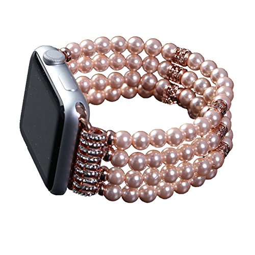 Fashion Handmade Elastic Stretch Faux Pearl Natural Stone Bracelet Replacement iWatch Strap Women Girls for Apple Watch band 38m (Pink, 38mm)