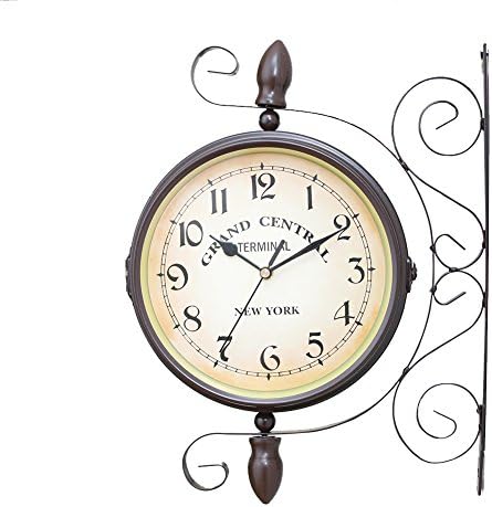 Desire Life Wall Hanging Clock Wrought Iron Rustic Antique Double Sided Two Faces Retro Clock 360° Rotation for Home/Wall/Station Decor and Art with Scroll Wall Side, 8-inch
