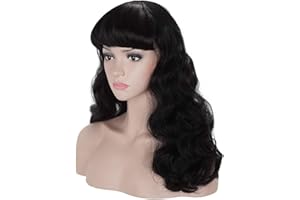 morvally 50s Vintage Medium Length Black Wigs with Bangs | Natural Wavy Synthetic Hair Wig for Women Cosplay Halloween
