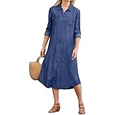 chouyatou Women's Summer Casual Denim Shirt Dress Loose Fit Button Down Midi Long Tunic Jean Dress