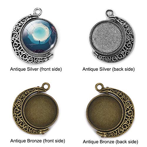 LANBEIDE 20PCS Moon Rotation Double Sided Round Bezel Blank 18mm Pendant Trays, with 40 Pieces Cabochons Settings Trays for Jewelry Making DIY Findings(Silver, Antique Bronze)