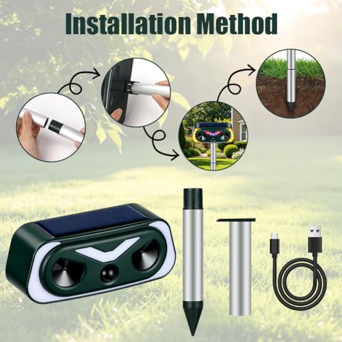 AYESY Ultrasónico Repelene de Animales, Repelente Gatos Solar con Luz LED Ahuyentador Gatos Perros Roedores, Resistente al Agua para Jardín Patio Granja Recargable Sensor Infrarrojo sin Dañar Animales