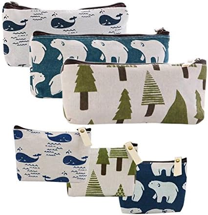 Canvas Cosmetic Bag Set of 6 Pencil Zipper Pouch Coin Purse Case Pen Holder Makeup Bag Linen Wallet Vintage Animal Forest