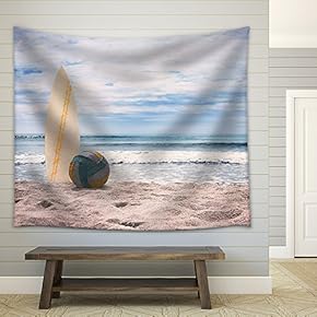 Surfboard and Ball on Empty Beach Against Blue Sky and Turquoise Ocean. Summer. - Fabric Wall Tapestry Home Decor - 51x60 inches