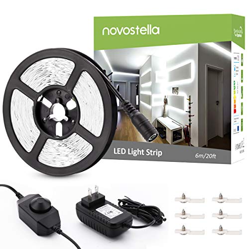 Novostella 20ft Dimmable LED Light Strip Kit, 360 Units SMD 2835 LEDs, 12V LED Ribbon, 6000K Daylight White Under Cabinet Lighting Strips, Non-Waterproof LED Tape, UL Listed Power Supply