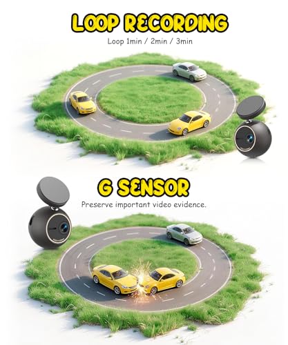 KAWA Dash CAM 2K with Controllo Vocale, Mini Telecamera Anteriore a Sfera, Support Rotable to 360°, Scheda SD da 32G, WiFi Integrato e App, Sensor G, Motore NightEagle, Monitoraggio Parcheggio 24H