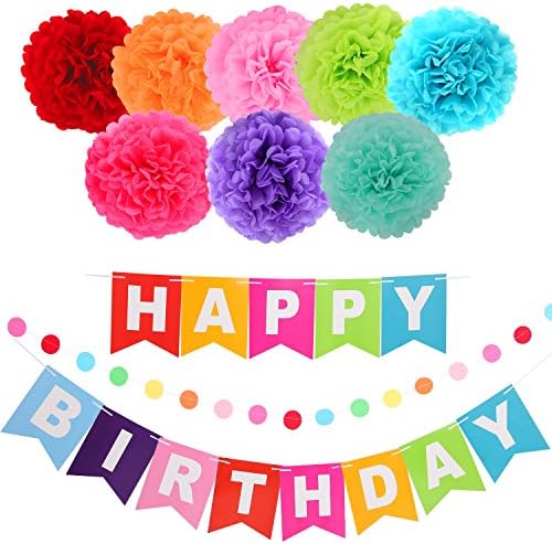LyButty "Happy Birthday'' Banner Kit with 8 Colorful Tissue Pom Poms Paper Flowers and Colorful Paper Circles Garland for Birthday Party Decorations
