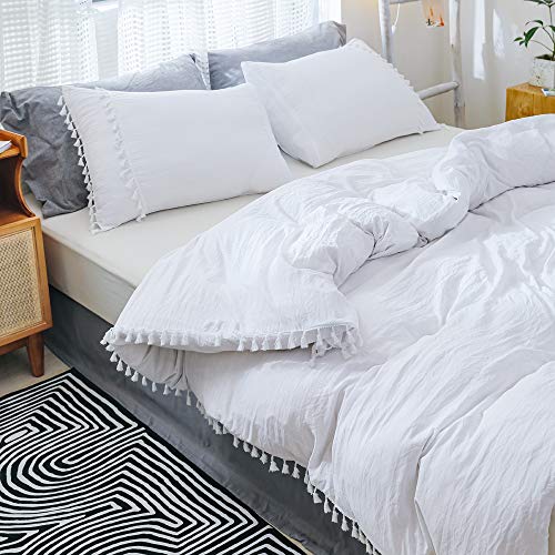Smoofy White Duvet Cover, 3 Pieces Boho Style Microfiber Tasseled Bedding Sets with Zipper Closure(White, Queen)