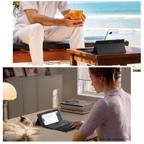 CACOE Mini Teclado Bluetooth con Panel Táctil para Teléfono Móvil, Ultrafino Plegable, Doble Canal, QWERTY Teclado con Soporte de Posición para Smartphone y Más iOS, Android, Windows, Negro con Panel
