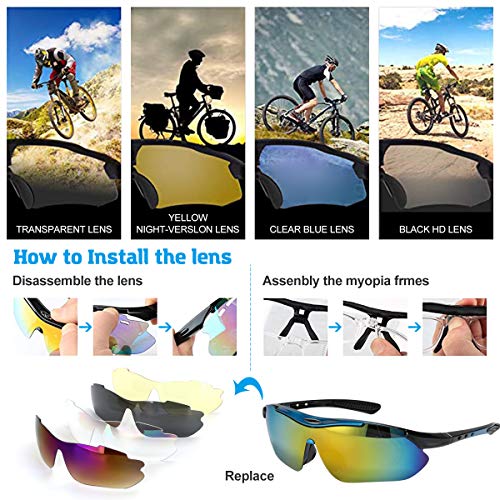 Tancci Sports Cycling Sunglasses, Bicycle Glasses with 5 Interchangeable Lenses-Ergonomic with Reducing Harmful UVA & UVB Rays for Men&Women Running/Golf/Fishing/Cycling/Outdoor Sports(Blue)