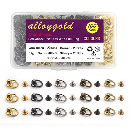 100 Sets 5 Colors Metal Screwback Round Head Rivet with Pull Ring DIY Leather Craft Rivets Studs, for Leather Strap and Leather Laces,DIY Phone case,Purse Wallet Decoration Bag etc